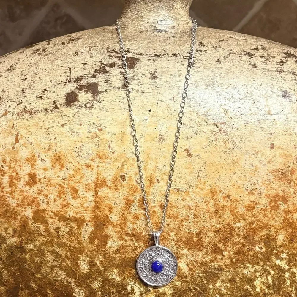 Sterling Silver and Lapis Necklace Ornate Design on Sterling Silver Chain 18 In